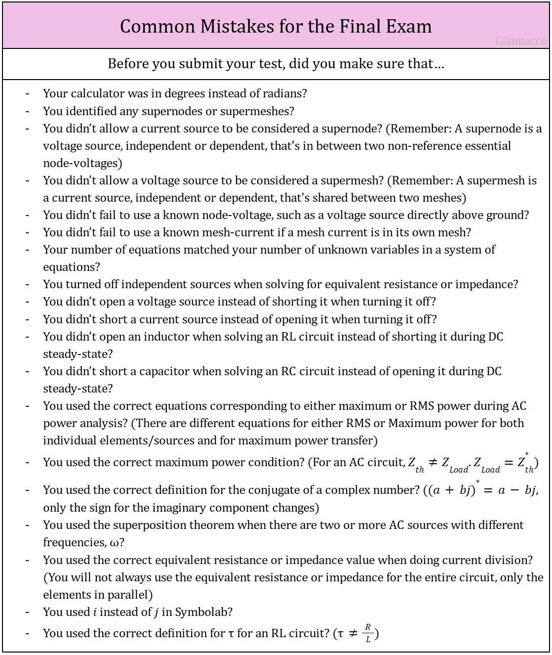 Common Mistakes for the Final Exam